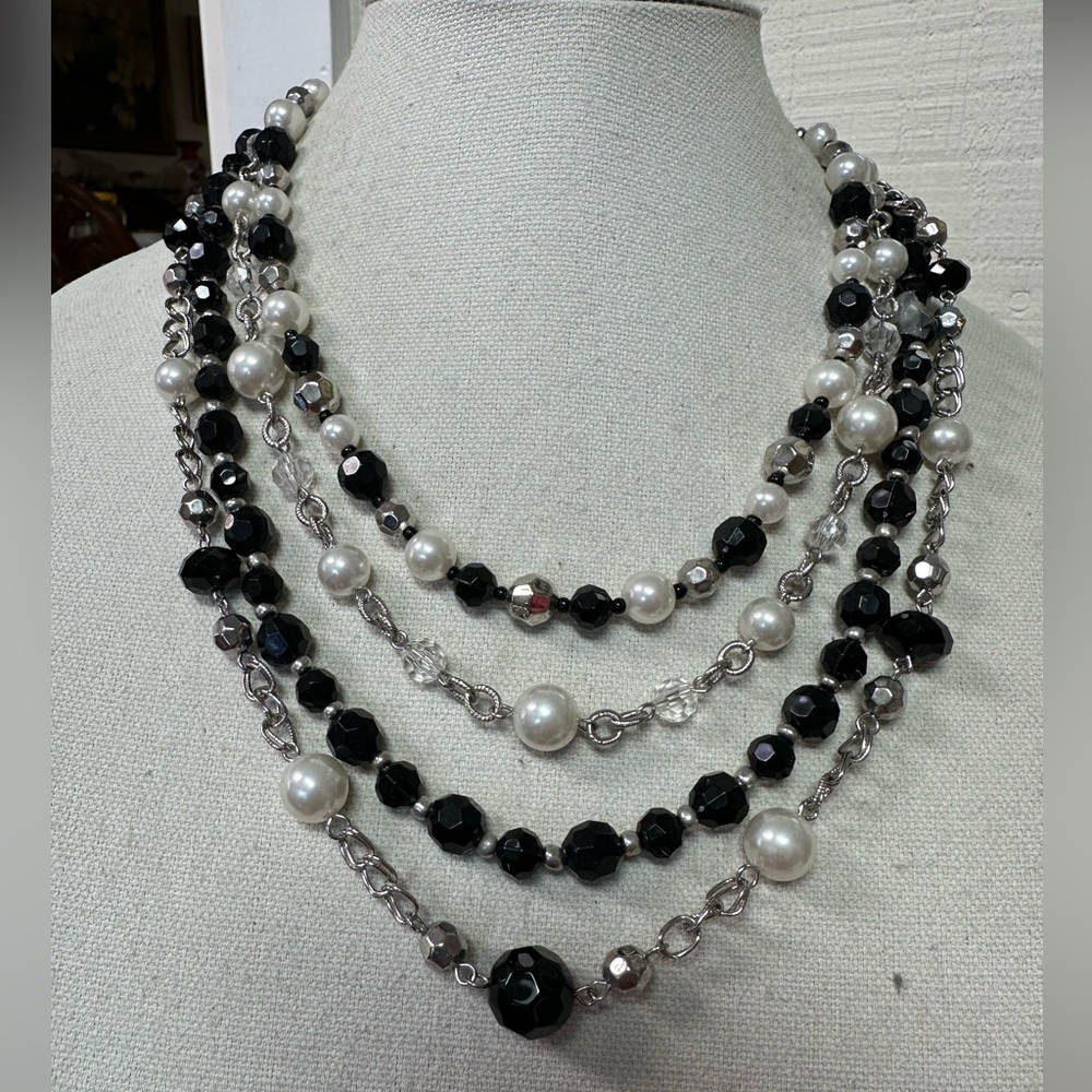 Multi strand silvertone chain and bead necklace